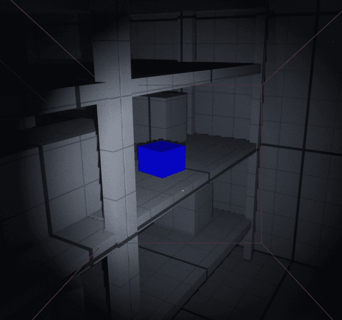 Grayboxed level prototype with a blue test cube